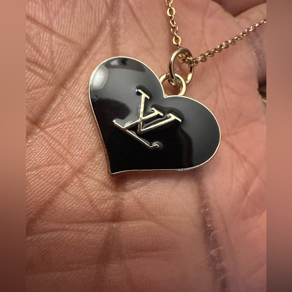 New LV Gold Plated Black Enamel Heart Charm with Gold Stainless Steel Necklace - Picture 3 of 9